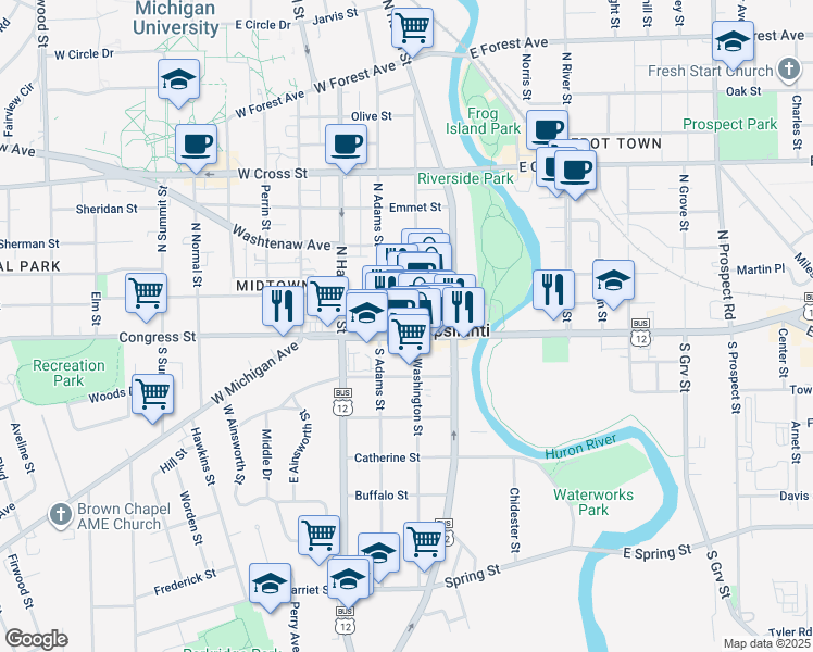 map of restaurants, bars, coffee shops, grocery stores, and more near 208 West Michigan Avenue in Ypsilanti