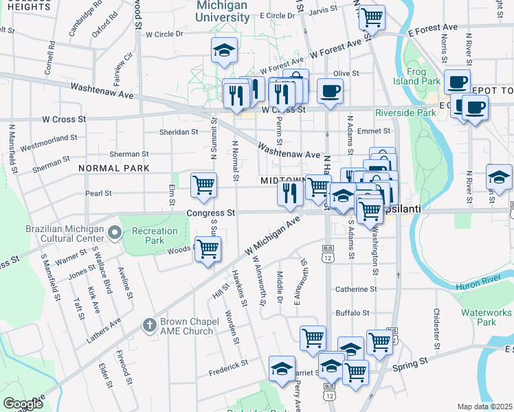 map of restaurants, bars, coffee shops, grocery stores, and more near 702 Congress Street in Ypsilanti