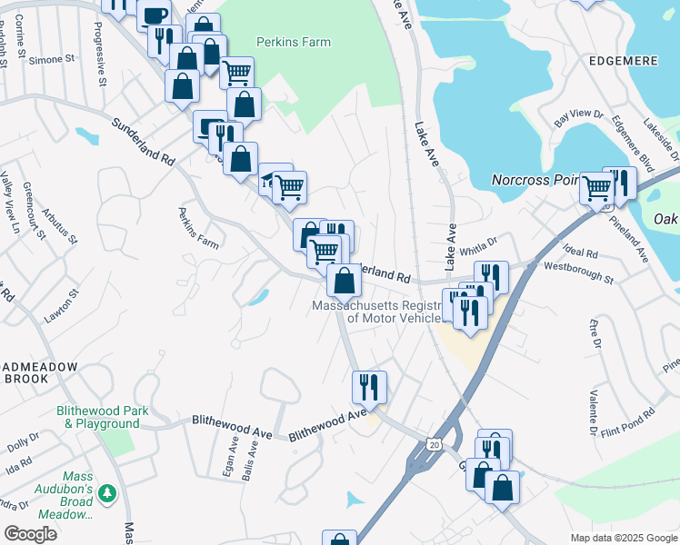 map of restaurants, bars, coffee shops, grocery stores, and more near 411 Sunderland Road in Worcester