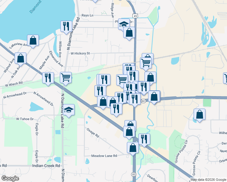 map of restaurants, bars, coffee shops, grocery stores, and more near 400 Townline Road in Mundelein