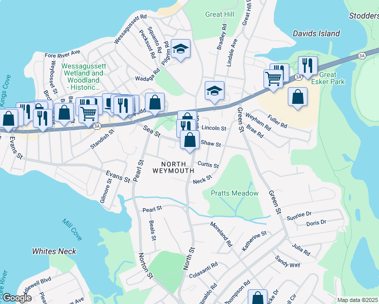 map of restaurants, bars, coffee shops, grocery stores, and more near 237 North Street in Weymouth