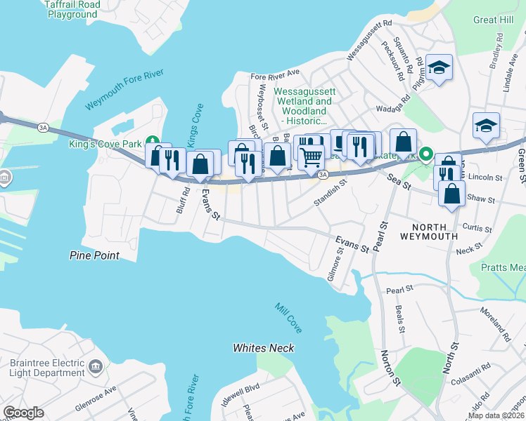 map of restaurants, bars, coffee shops, grocery stores, and more near 32 Rosalind Road in Weymouth