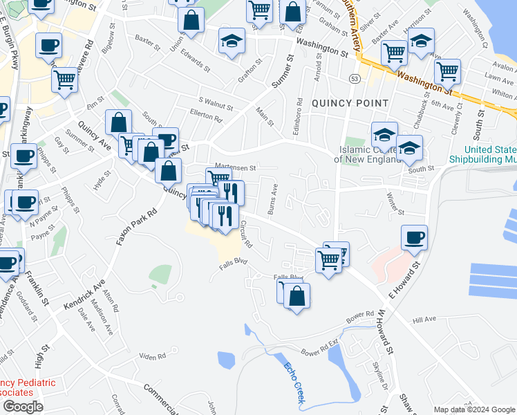 map of restaurants, bars, coffee shops, grocery stores, and more near 14 Charlesmount Avenue in Quincy