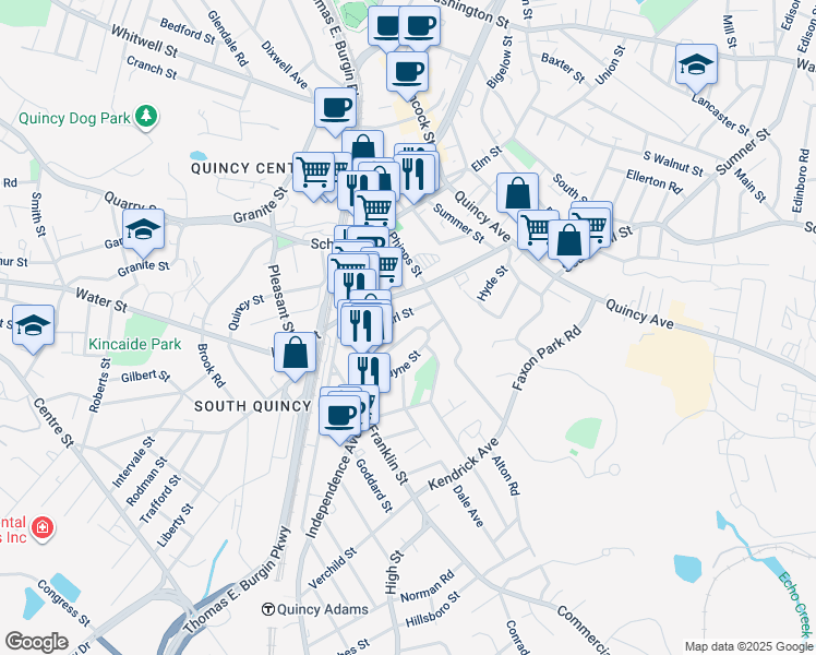 map of restaurants, bars, coffee shops, grocery stores, and more near 13 Payne Street in Quincy
