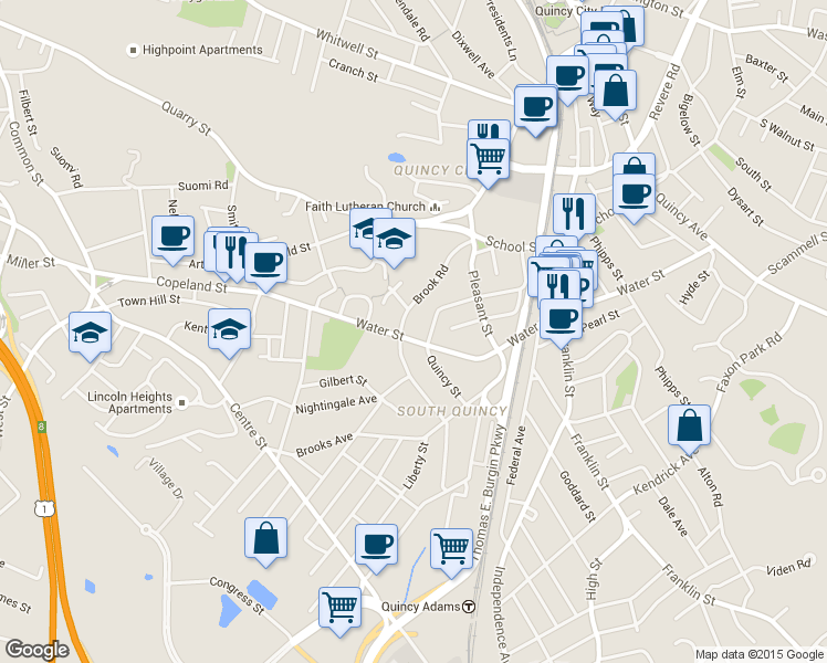 map of restaurants, bars, coffee shops, grocery stores, and more near 291 Water Street in Quincy
