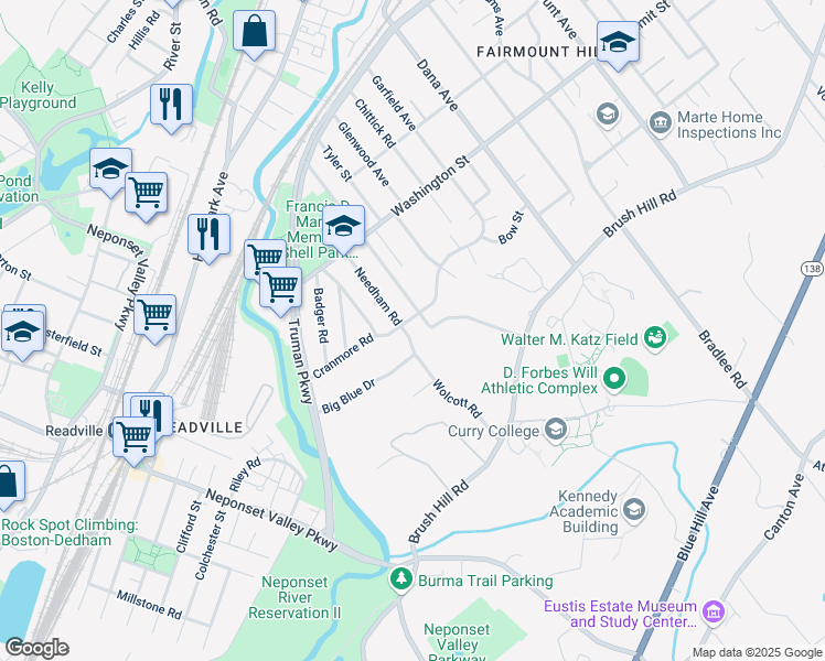 map of restaurants, bars, coffee shops, grocery stores, and more near 77 Cushing Road in Milton