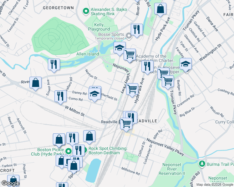 map of restaurants, bars, coffee shops, grocery stores, and more near 108 Readville Street in Boston