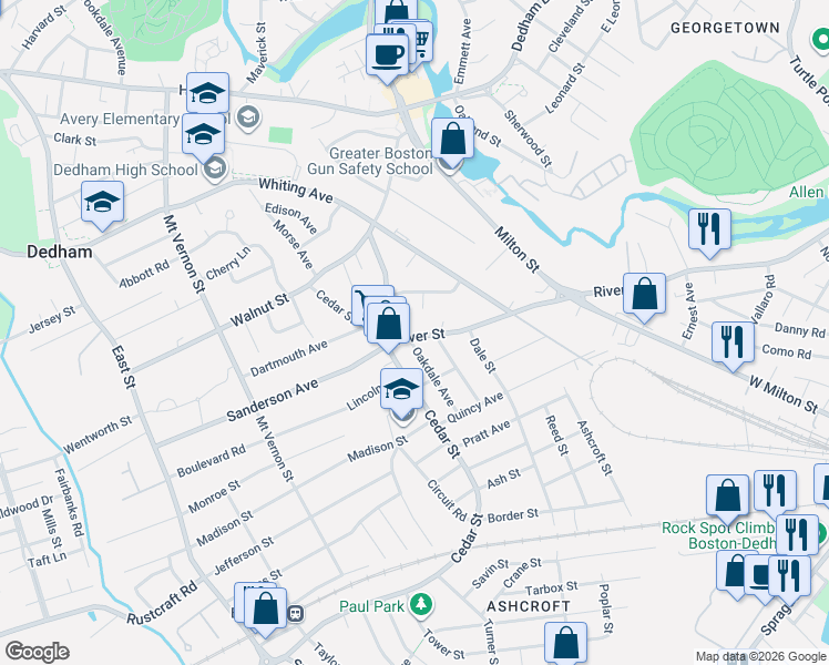 map of restaurants, bars, coffee shops, grocery stores, and more near 88 Oakdale Avenue in Dedham