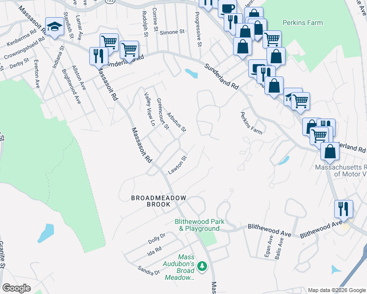 map of restaurants, bars, coffee shops, grocery stores, and more near 32 Stoneham Road in Worcester