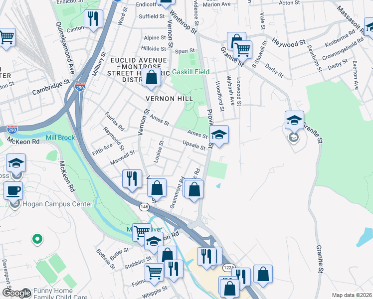 map of restaurants, bars, coffee shops, grocery stores, and more near 66 Upsala Street in Worcester