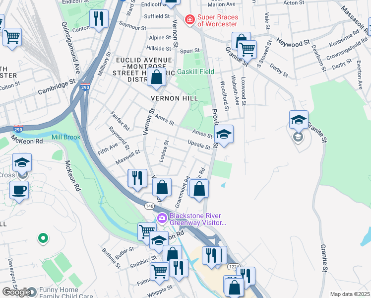 map of restaurants, bars, coffee shops, grocery stores, and more near 8 Lund Street in Worcester