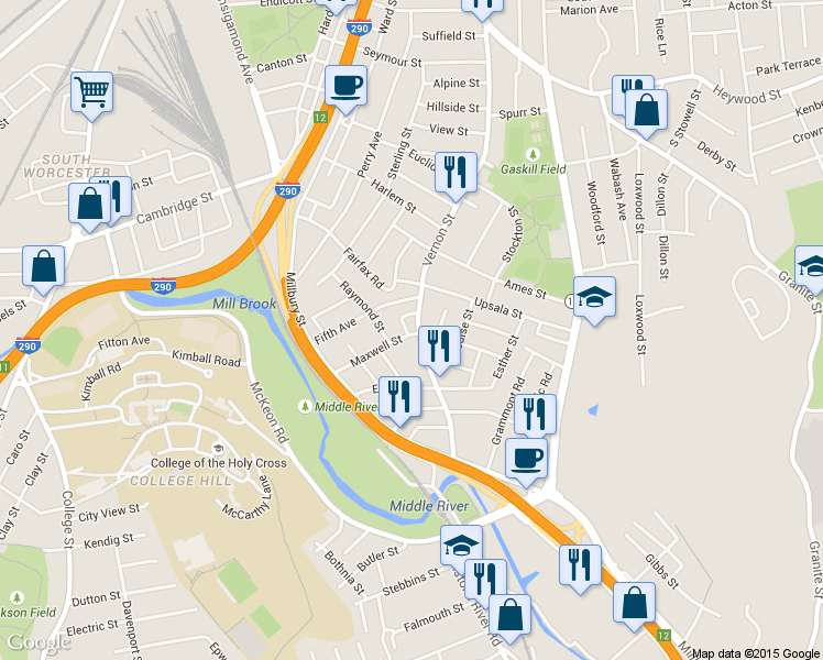 map of restaurants, bars, coffee shops, grocery stores, and more near 196 Vernon Street in Worcester