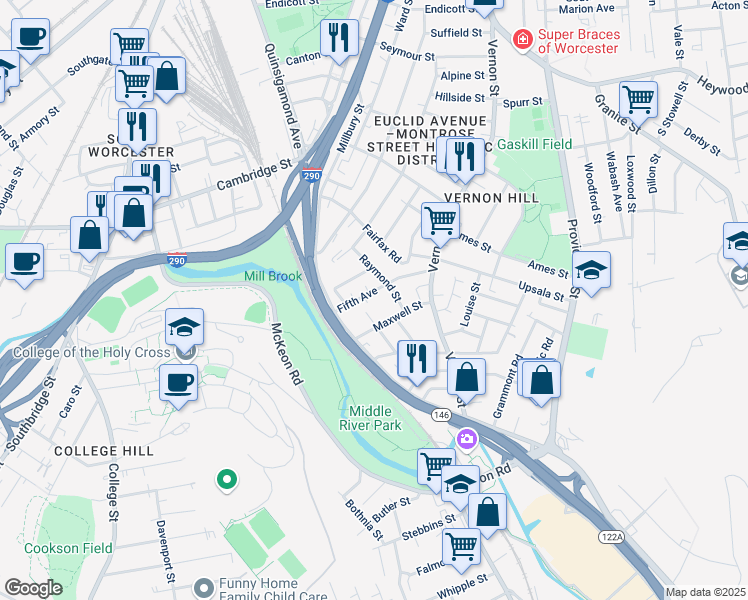 map of restaurants, bars, coffee shops, grocery stores, and more near 11 Fifth Avenue in Worcester