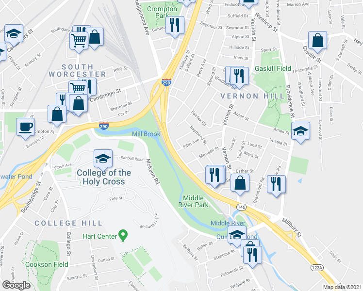 map of restaurants, bars, coffee shops, grocery stores, and more near 11 Fifth Avenue in Worcester