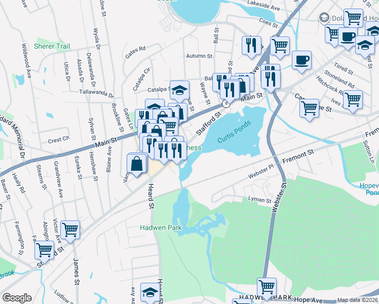 map of restaurants, bars, coffee shops, grocery stores, and more near 47 Stafford Street in Worcester