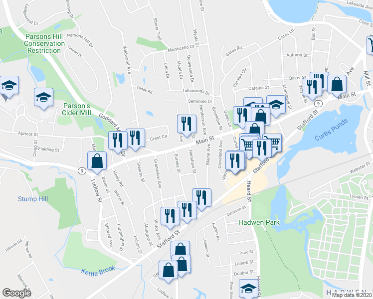 map of restaurants, bars, coffee shops, grocery stores, and more near 1333 Main Street in Worcester