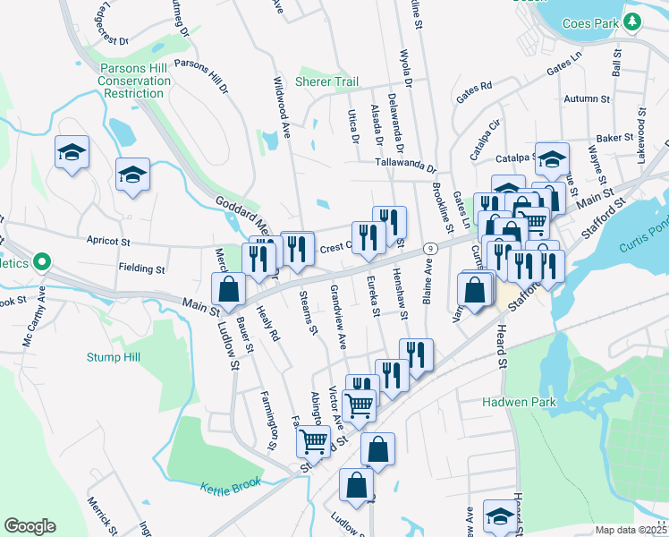 map of restaurants, bars, coffee shops, grocery stores, and more near 6 Apricot Street in Worcester