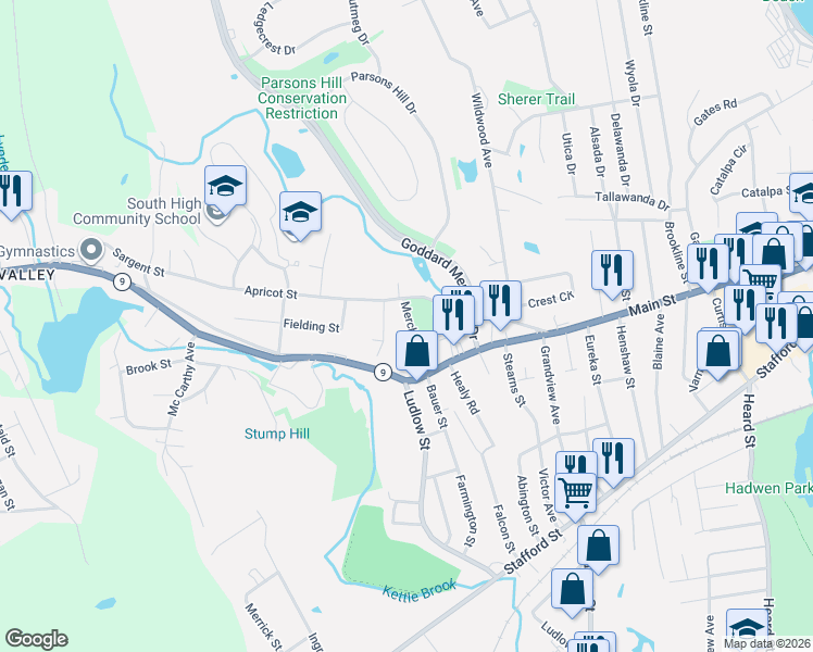 map of restaurants, bars, coffee shops, grocery stores, and more near 83 Apricot Street in Worcester
