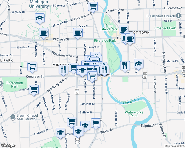 map of restaurants, bars, coffee shops, grocery stores, and more near 10 North Washington Street in Ypsilanti