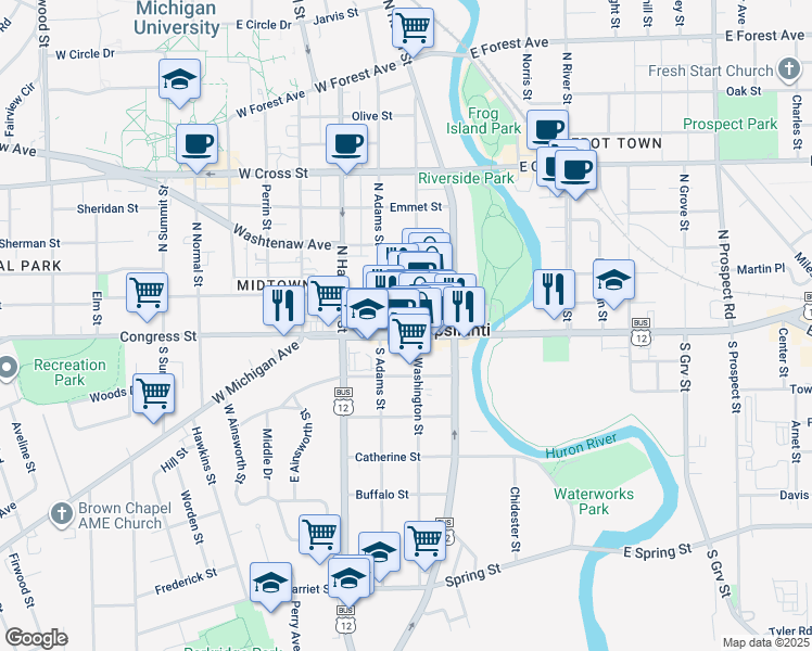 map of restaurants, bars, coffee shops, grocery stores, and more near 10 North Washington Street in Ypsilanti