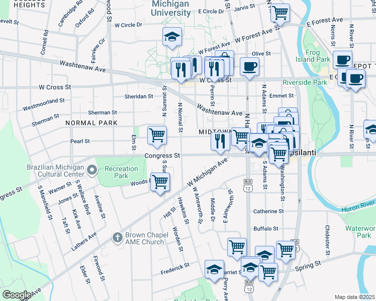 map of restaurants, bars, coffee shops, grocery stores, and more near 702 Congress Street in Ypsilanti