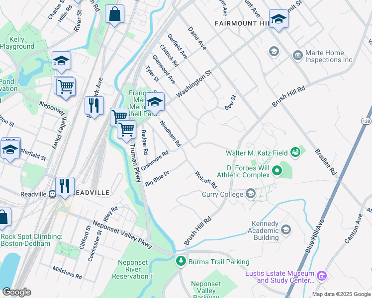 map of restaurants, bars, coffee shops, grocery stores, and more near 77 Cushing Road in Milton