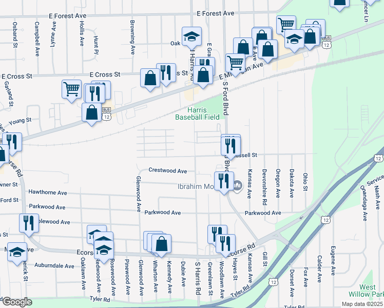map of restaurants, bars, coffee shops, grocery stores, and more near 1397 Russell Street in Ypsilanti