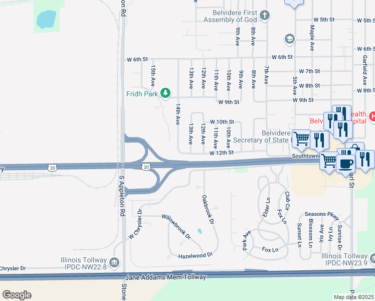map of restaurants, bars, coffee shops, grocery stores, and more near 1305 West 12th Street in Belvidere