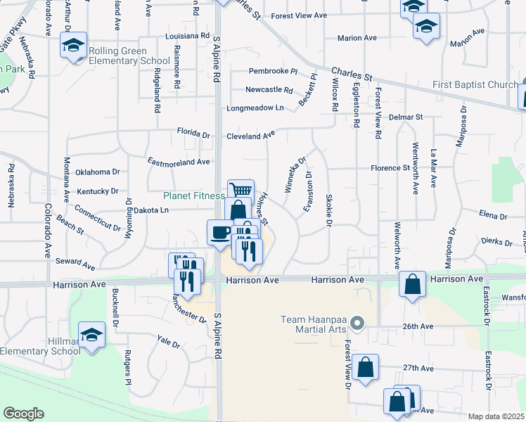 map of restaurants, bars, coffee shops, grocery stores, and more near 2424 Holmes Street in Rockford