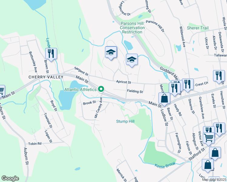 map of restaurants, bars, coffee shops, grocery stores, and more near 73 Fielding Street in Worcester