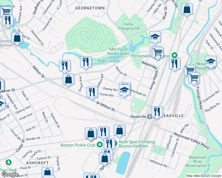 map of restaurants, bars, coffee shops, grocery stores, and more near 41 Danny Road in Boston