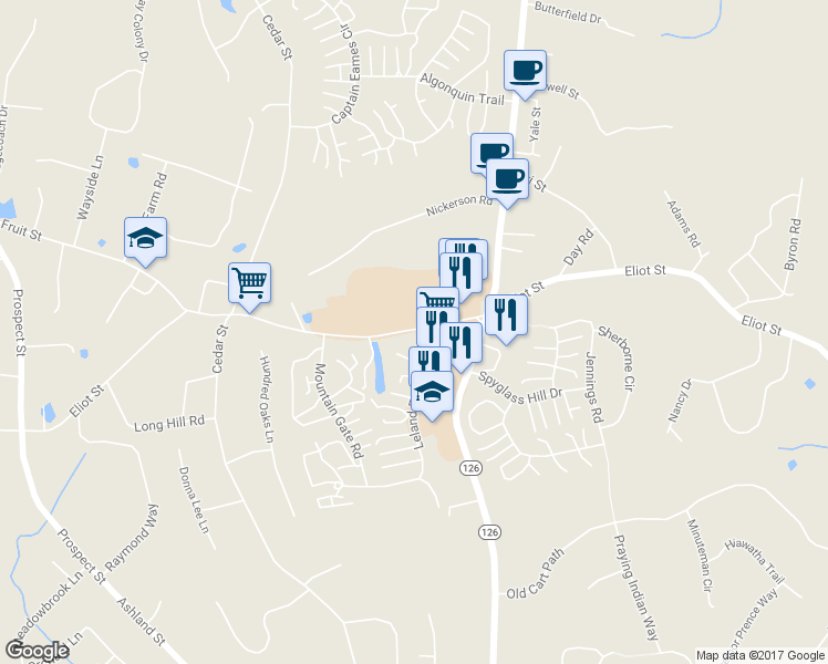 map of restaurants, bars, coffee shops, grocery stores, and more near 19 Leland Farm Road in Ashland
