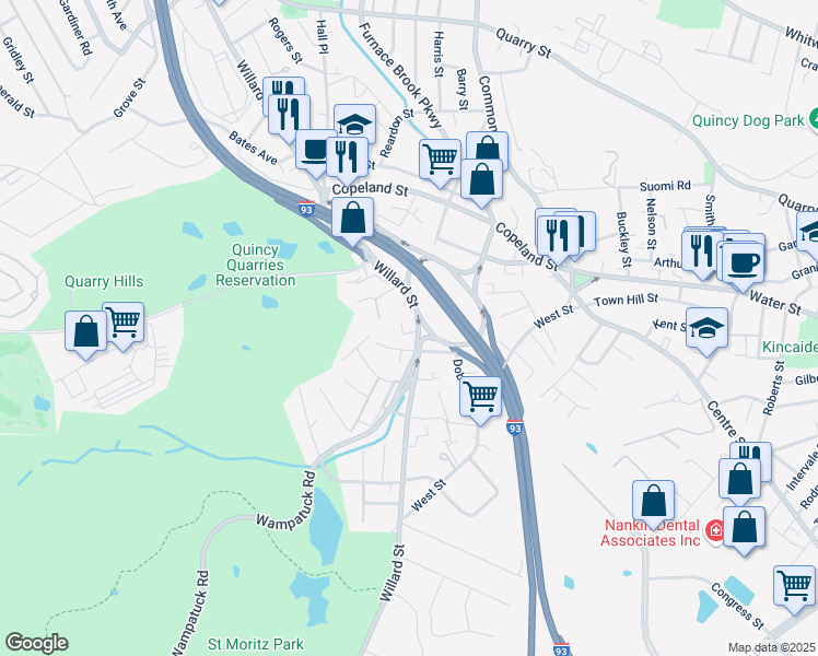 map of restaurants, bars, coffee shops, grocery stores, and more near 459 Willard Street in Quincy
