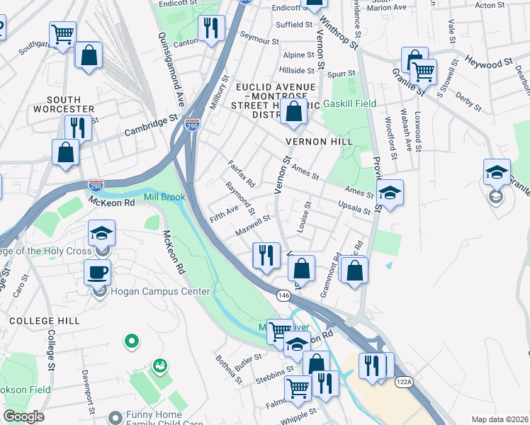 map of restaurants, bars, coffee shops, grocery stores, and more near 196 Vernon Street in Worcester