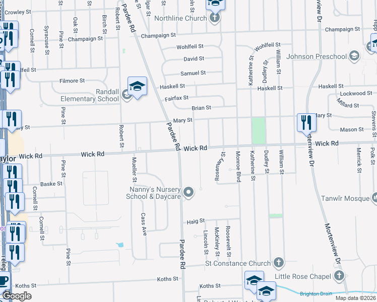 map of restaurants, bars, coffee shops, grocery stores, and more near 22348 Wick Road in Taylor
