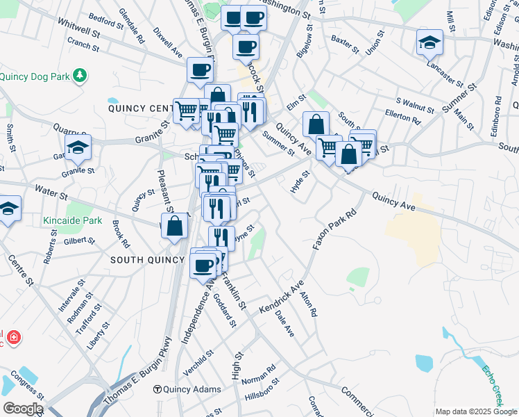 map of restaurants, bars, coffee shops, grocery stores, and more near 13 Payne Street in Quincy