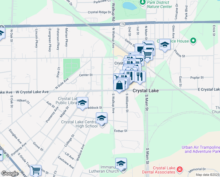 map of restaurants, bars, coffee shops, grocery stores, and more near 4 North Walkup Avenue in Crystal Lake