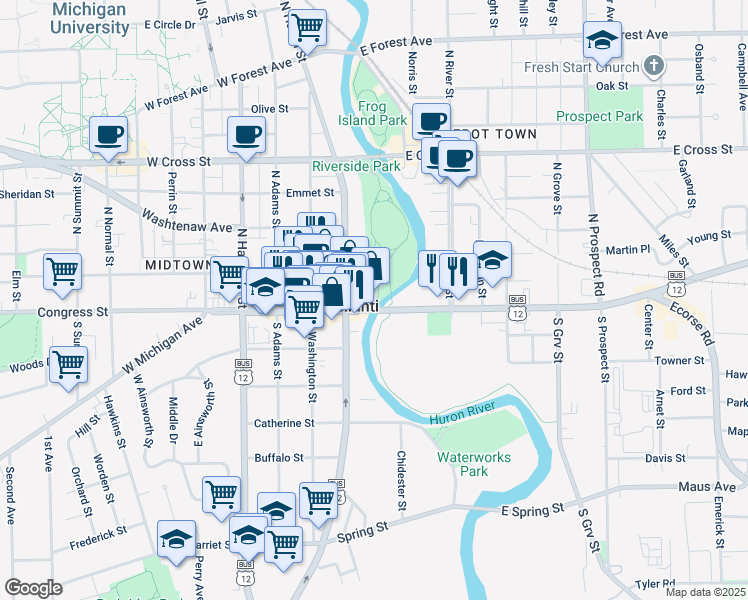 map of restaurants, bars, coffee shops, grocery stores, and more near 2 West Michigan Avenue in Ypsilanti