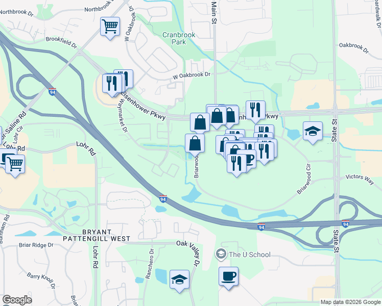 map of restaurants, bars, coffee shops, grocery stores, and more near 1601 Briarwood Circle in Ann Arbor