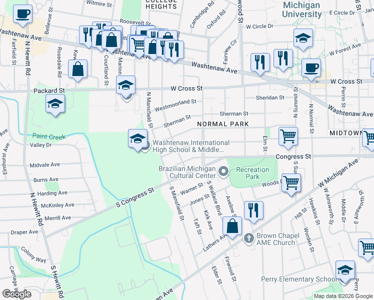 map of restaurants, bars, coffee shops, grocery stores, and more near 1211 Pearl Street in Ypsilanti