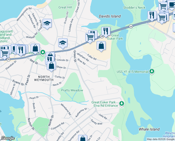 map of restaurants, bars, coffee shops, grocery stores, and more near 40 Seabury Street in Weymouth