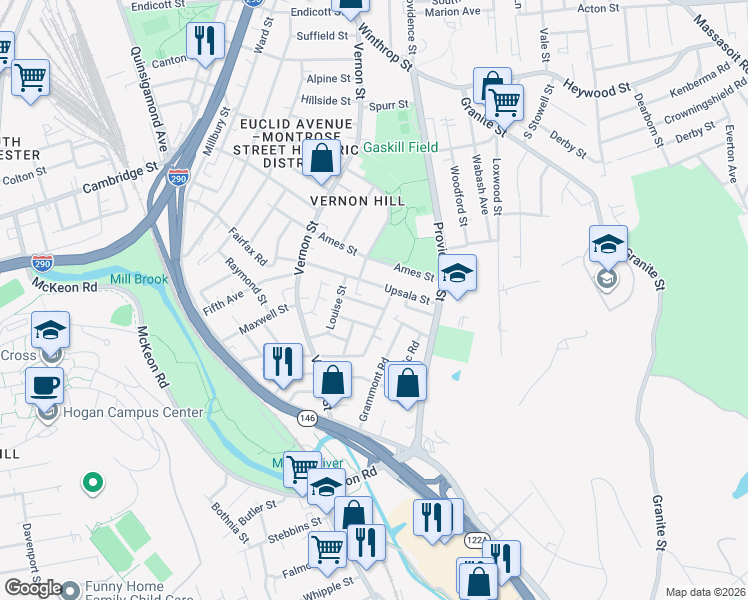 map of restaurants, bars, coffee shops, grocery stores, and more near 4 Lund Street in Worcester
