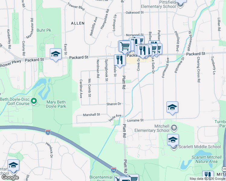 map of restaurants, bars, coffee shops, grocery stores, and more near 3250 Rosedale Street in Ann Arbor