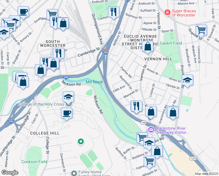 map of restaurants, bars, coffee shops, grocery stores, and more near 544 Millbury Street in Worcester