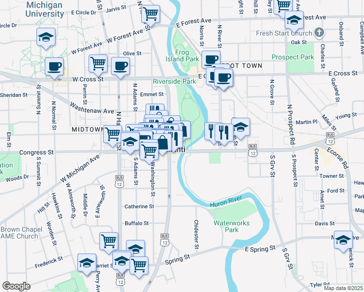 map of restaurants, bars, coffee shops, grocery stores, and more near 2 West Michigan Avenue in Ypsilanti