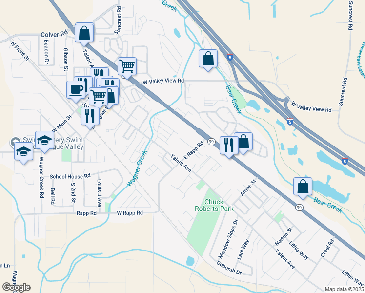 map of restaurants, bars, coffee shops, grocery stores, and more near 345 Lithia Avenue in Talent