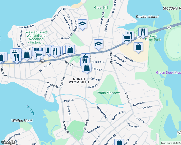 map of restaurants, bars, coffee shops, grocery stores, and more near 237 North Street in Weymouth