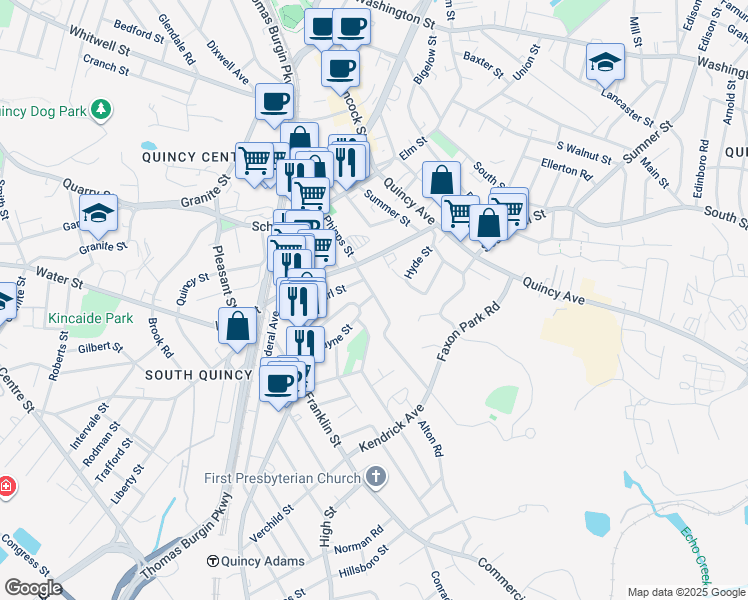 map of restaurants, bars, coffee shops, grocery stores, and more near 13 Payne Street in Quincy