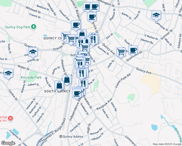 map of restaurants, bars, coffee shops, grocery stores, and more near 40 Pearl Street in Quincy