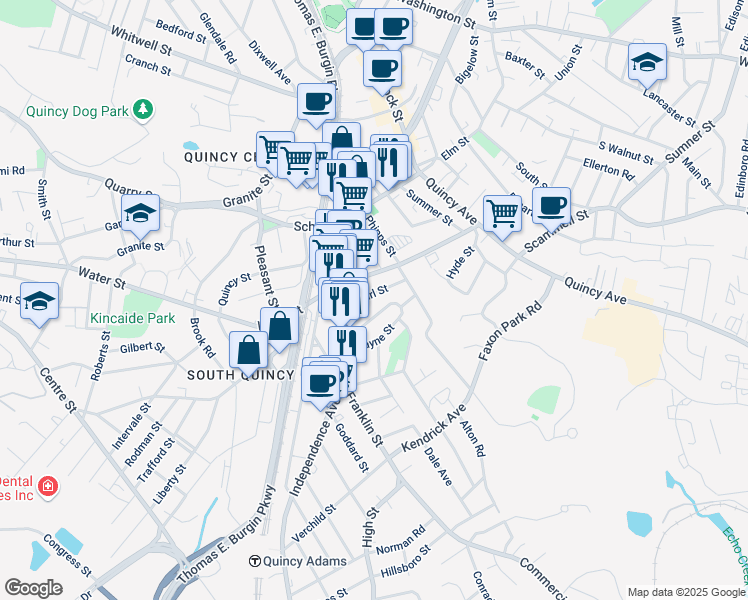 map of restaurants, bars, coffee shops, grocery stores, and more near 40 Pearl Street in Quincy